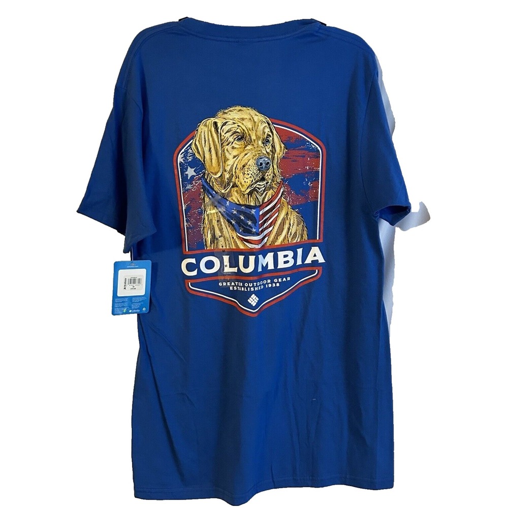 Columbia Mens Medium Blue Cotton Patriotic Dog T-Shirt (D6)